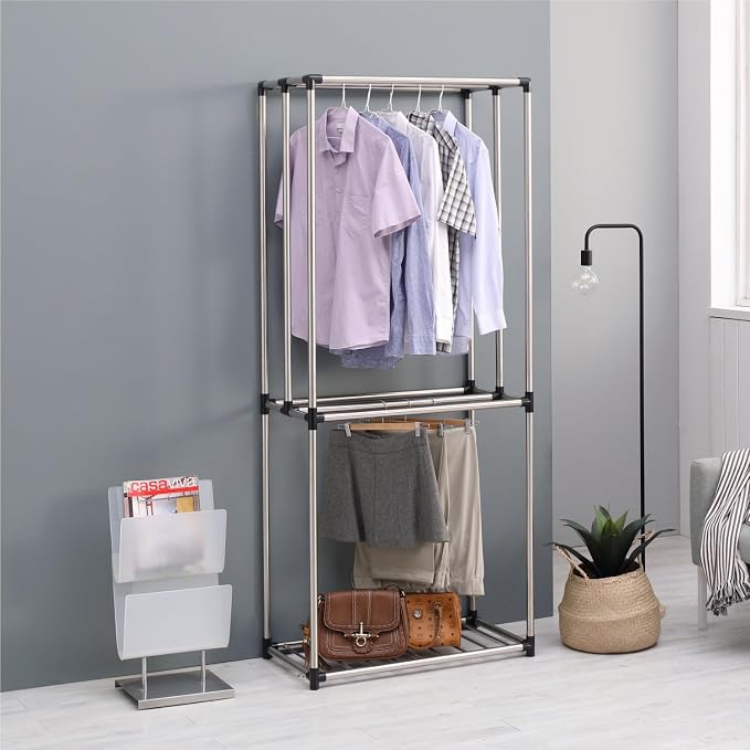 Letusto Premium Stainless Steel Freestanding Closet Organizer System - Easy Assembly, Durable, and Versatile - Heavy Duty Adjustable Portable Wardrobe Clothing Rack (2 Tier)