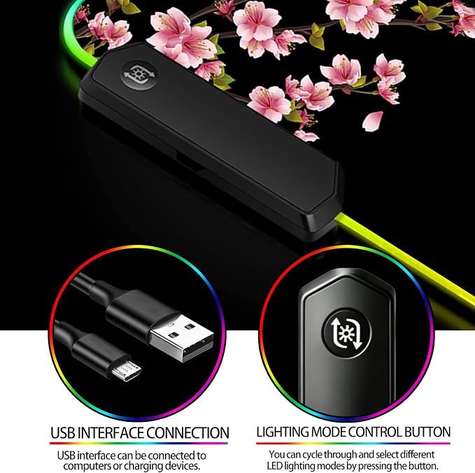 RGB Japanese Cherry Blossom Gaming Desk Mat, Computer Keyboard Large Extended Flowers LED Mouse Pad for Office and Home, 31.5×11.8 Inches, XL, Black