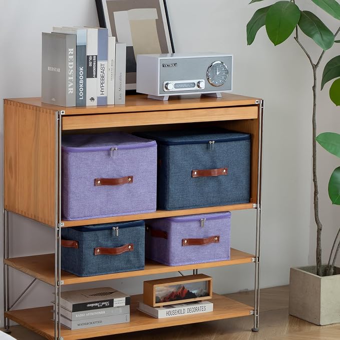 3PCS Storage Bins Boxes with Zippered Lids Cotton Linen Fabric Decorative Basket PU Leather Handles PP Plastic Board Foldable Lidded Clothing Shelf Closet Organizer Container (Purple, Large)