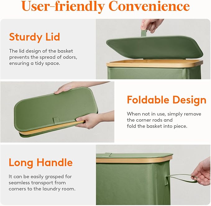Lifewit 75L Slim Laundry Hamper with Lid, Narrow Laundry Basket with Removable Bag & Bamboo Handles, Fodable Thin Dirty Clothes Hamper for Laundry Collapsible Bin for Bathroom Bedroom Dorm, Green