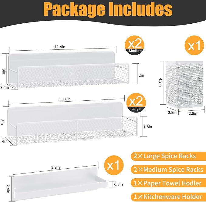 Magnetic Spice Rack for Refrigerator, 6 Pack Metal Magnetic Shelf White, Moveable Spice Organizer, Strong Magnetic Storage Fridge Organizer with Paper Towel Holder, Utensils Holder