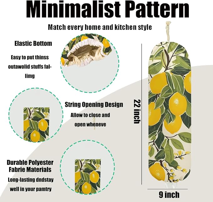 2Pcs Lemon Plastic Bag Holder, Wall Mount Grocery Bag Holder for Plastic Bags, Flower Reusable Grocery Bags Storage Dispenser for Home Kitchen Farmhouse Decor, Lemon Gifts for Women Mom, 22.5x9 Inch