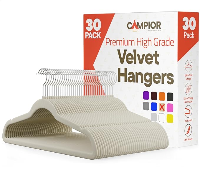 Ivory Velvet Hangers 30 Pack – 360° Swivel Hook, Non-Slip and Space Saving Hangers, Heavy-Duty 11 lbs Weight Capacity - Smooth Velvet Finish for Crease-Free Clothes and Effortless Closet Organization