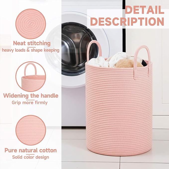 CLHMILY&Z Laundry Hamper Round Storage Rope Basket in Living Room, Bedroom, Laundry Room for Toy, Clothes, Blanket, Pillow (Pink, 60L)
