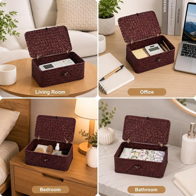 Wicker Basket with Lid, Natural Seagrass Storage Baskets for Organizing, Woven Basket for Storage, Decorative Boxes Bins with Lids Home Organizer Decor (Red, 9.05" x 5.11" x 3.34")