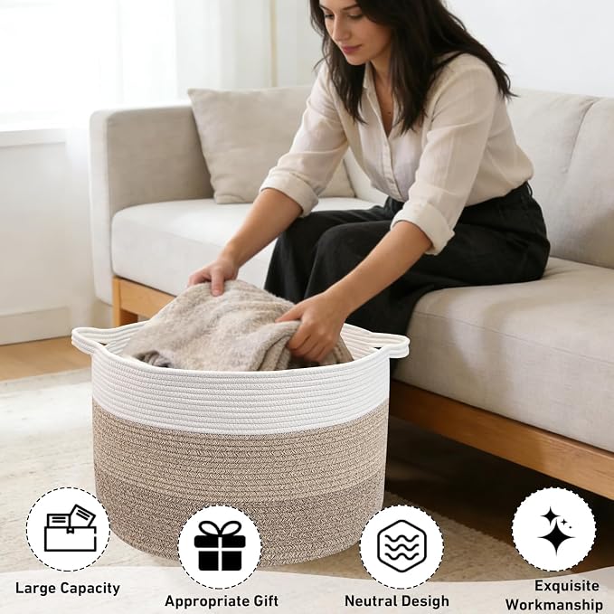 90L Extra Large Blanket Basket,Woven Rope Laundry Basket Hamper with Handles, Decorative Nursery Basket Storage Bin for Toys, Clothes Organizer, Living Room, Bedroom, Bathroom, Brown