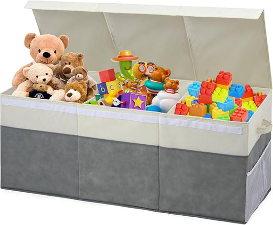 FIIOEOY Extra Large Toy Box with Lids, Collapsible Toy Storage Organizer with Divider for Kids, Sturdy Toy Chest for Bedroom, Nursery, Living Room, Playroom, 40"x14"x16", Gray & White