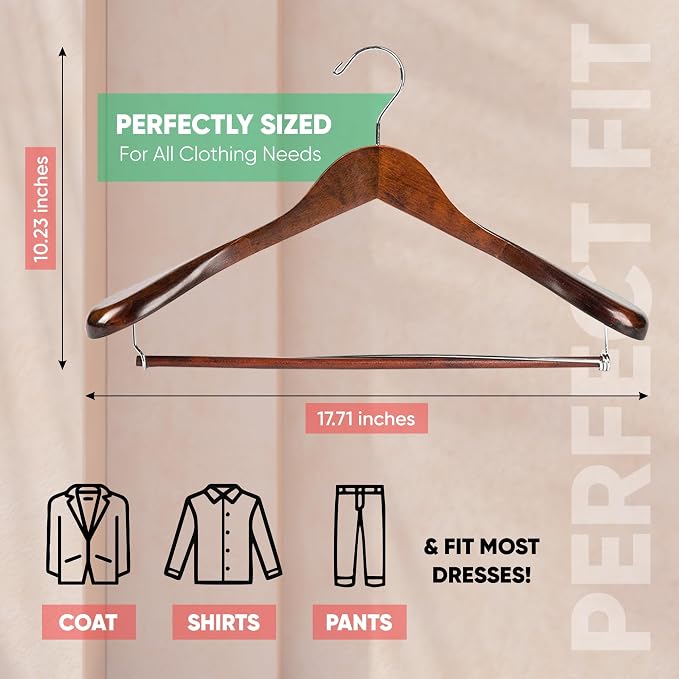 Suit Hangers for Men 6 Pack Wide Shoulder Hanger Smooth Finish Wooden Suit Hanger for Men and Women Coat Hangers 360° Swivel for Dress Jacket Non Slip Pant bar with Locking bar