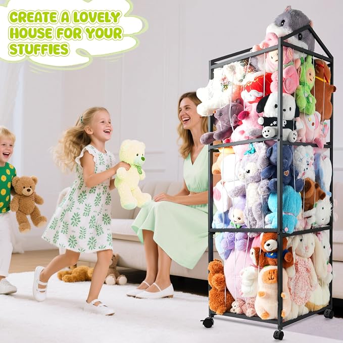NomNest Stuffed Animal Storage Zoo, Large Metal Plushies Organizer, Heavy Duty Metal Teddy Bear Toy Holder with Wheels for Kids' Bedroom & Playroom & Nursery (Wheeled, Black)