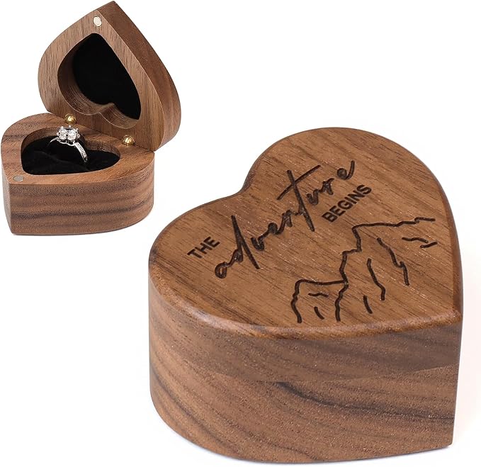 Engagement Proposal Ring Box Secret Slim Engraved Wooden Heart Case | Engrave"The adventure begins", Walnut Wood Ring Bearer Box Jewelry Storage Holder Display for Wedding Ceremony Commemoration