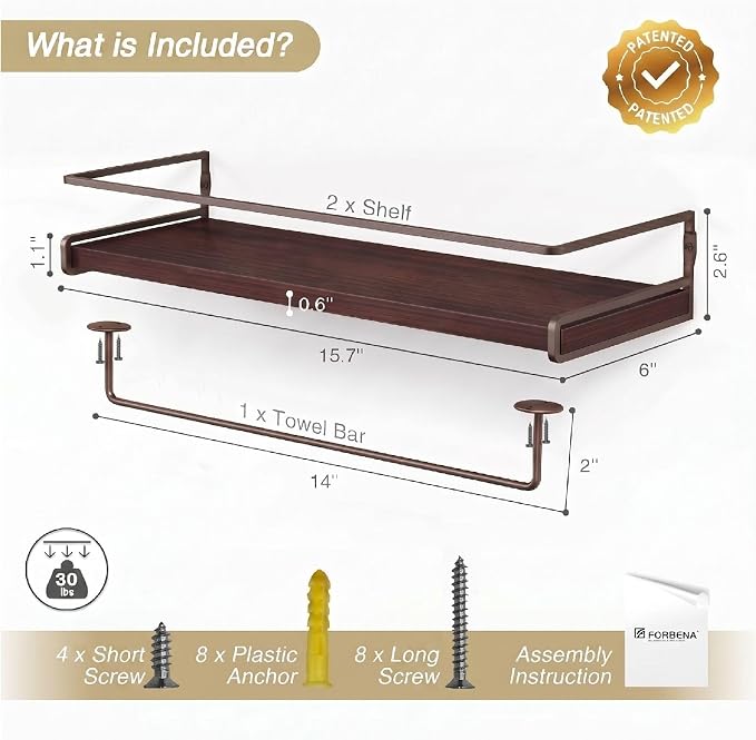 Forbena Dark Brown Kitchen Shelves Wall Mounted Set of 2, Walnut Brown Floating Kitchen Wall Shelves with Rail, Hanging Shelves for Kitchen Wall Coffee Bar (Wooden Pine Wood)