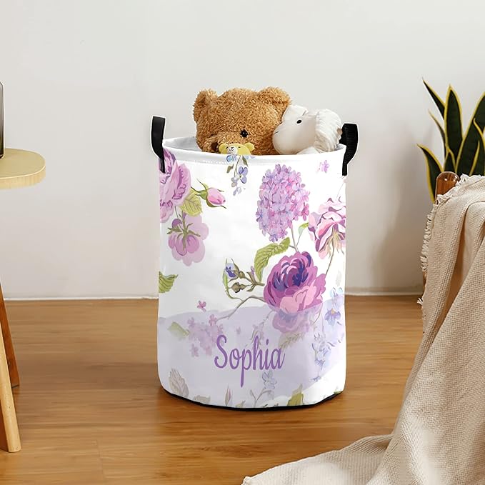 Laundry Basket Purple Floral Custom Name Laundry Bag Hamper Collapsible Oxford Cloth Home Storage Bin with Handles