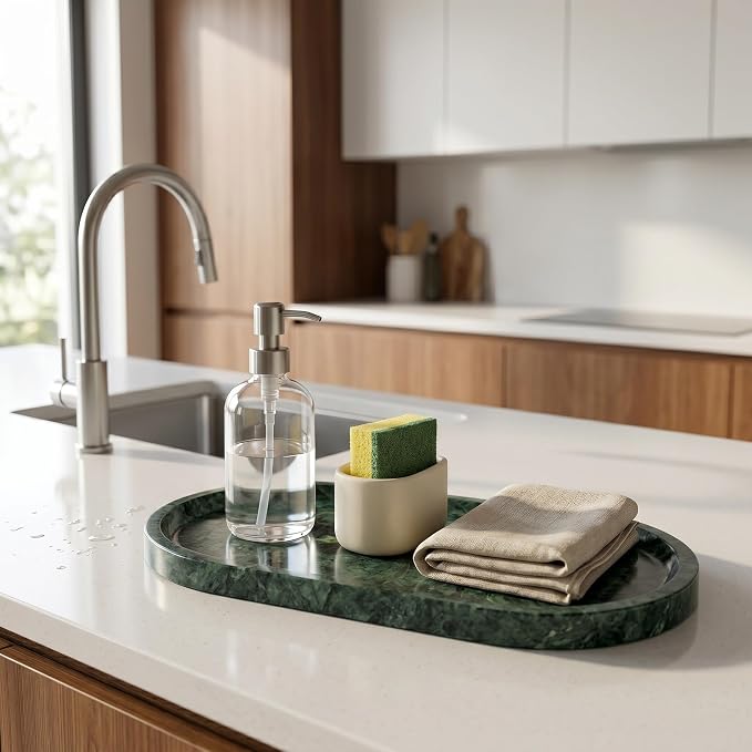 YKAJO Jade Green Oval Marble Tray, 11.8x5.9 Vanity Perfume Organizer Dish | Honed natural stone; jewelry & trinket dish, ring & key holder, soap & candle catchall; bath counter, dresser, coffee table