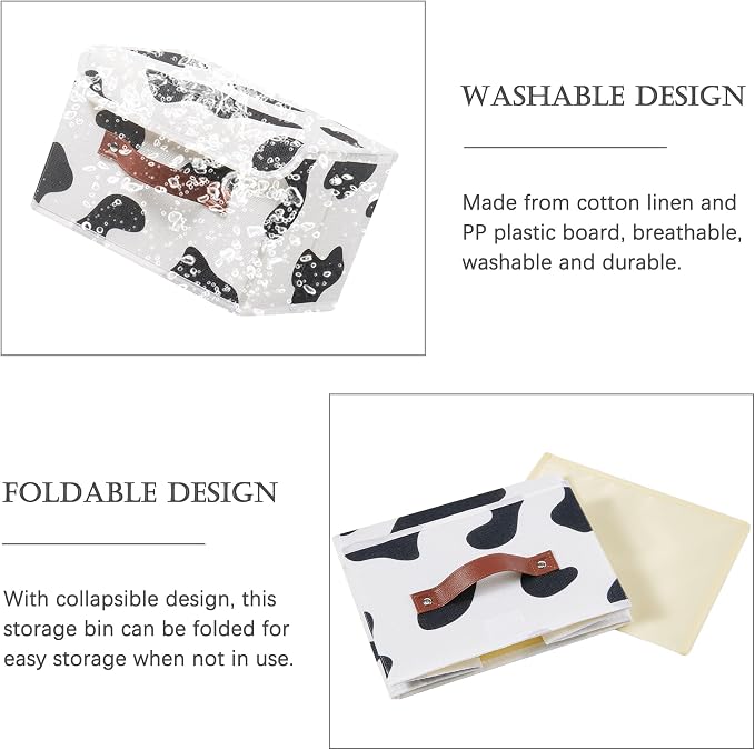 2PCS Storage Bins with Lid Cow Print Cute Fabric Storage Basket Box Faux Leather Handles PP Plastic Board Foldable Washable Lidded Cotton Linen Closet Shelf Organizer Container (Large Size)