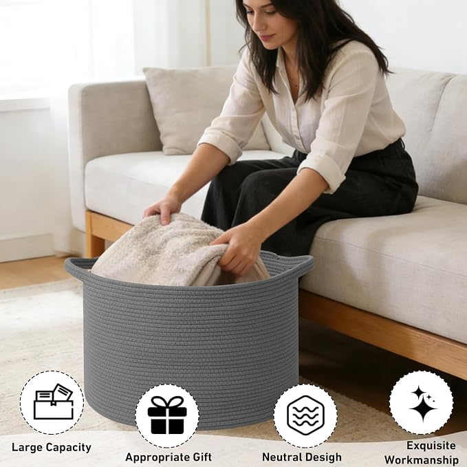 65L Large Blanket Basket, 19.7" L x 19.7" W x 13" H Cotton Rope Woven Storage Basket,Laundry Hamper for Toys, Clothes, Pillows & Towels, Perfect for Living Room, Nursery & Bedroom,Dark Gry