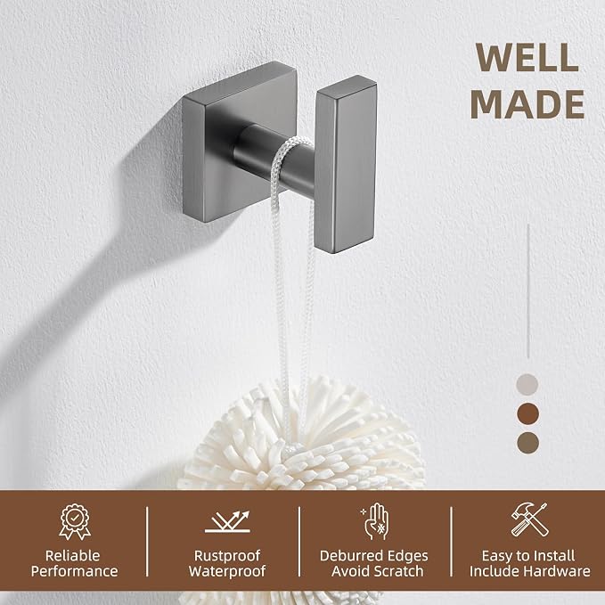 Angle Simple Square Towel Hook, SUS304 Stainless Steel Robe Coat Hook for Bathroom, Hand Towel Holder, Gunmetal Gray