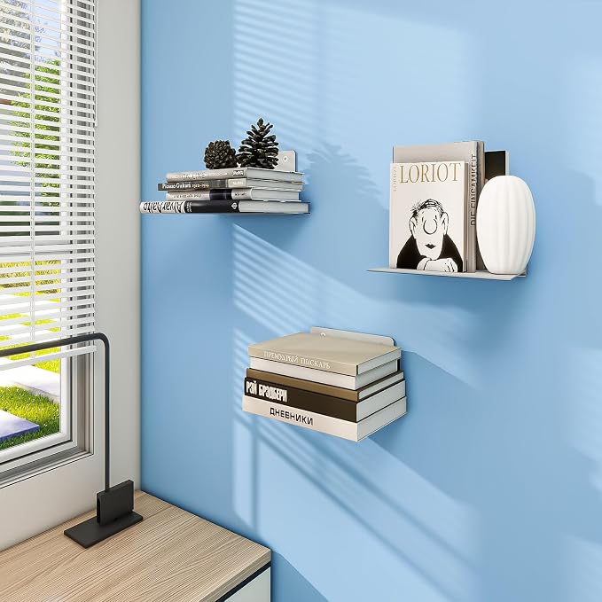 FENTEC Floating Book Shelves for Wall, Wall Mounted Floating Bookshelf, Heavy-Duty Hanging Bookshelves, Hidden Book Shelf Metal Wall Book Holder for Bedroom Living Room Home Office, 6-Pack Gray