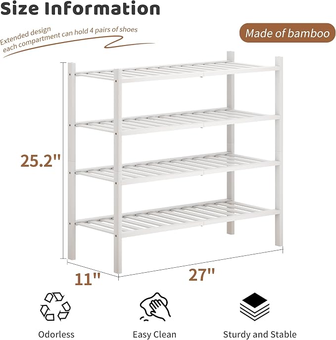 Bamboo Shoe Rack Stackable Shoe Shelf Storage Organizer for Unit Entryway Hallway and Closet Sturdy Freestanding Shoe Shelf(4 Tier White)