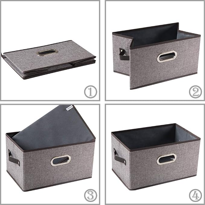 PRANDOM Large Collapsible Storage Baskets for Closet [5-pack] Decorative Fabric Storage Bins Cubes with Leather/Metal Handles for Shelves Bedroom Living Room Grey (14.9x9.8x8.3 Inch)