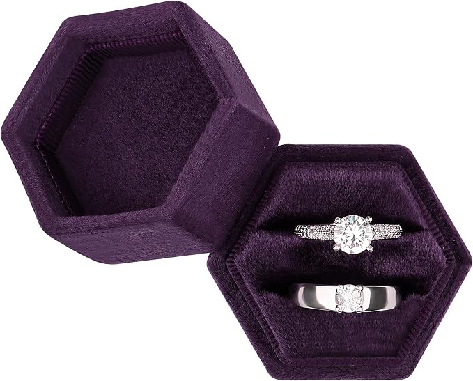 DesignSter Hexagon Velvet Ring Box - Premium Gorgeous Vintage Double Ring Display Holder with Detachable Lid for Proposal, Engagement, Wedding, Ceremony(Deep purple)