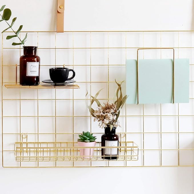 Gold Grid Basket with Hooks,Bookshelf,Display Shelf for Wall Grid Panel,Wall Mount Organizer and Storage Shelf Rack for Home Supplies,1 Set of 3 (Gold)