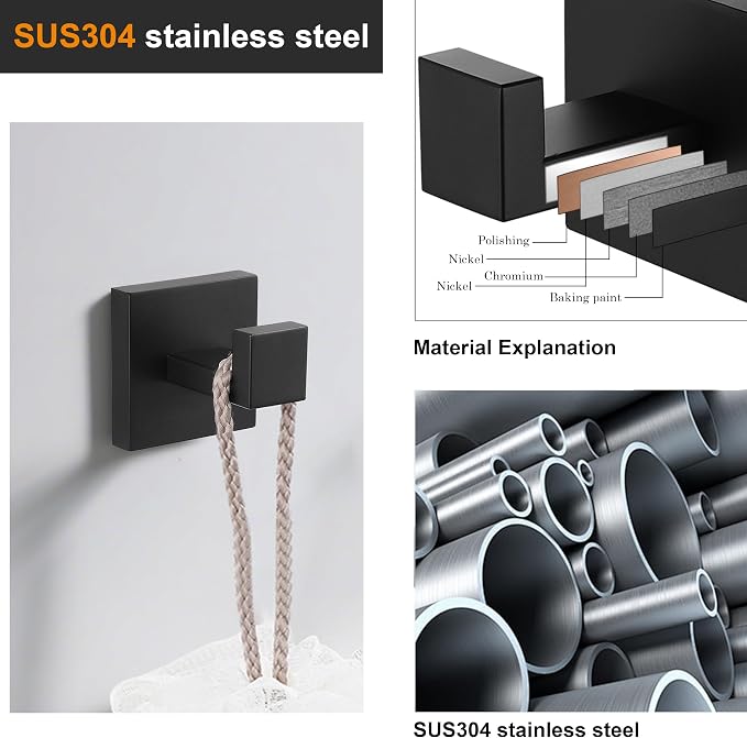 Nolimas Towel Hook Stainless Steel Bathroom Rustproof Clothes Towel Coat Hook Wall Mounted Square Toilet Kitchen, Heavy Duty Door Hanger, 4 Pack, Matte Black