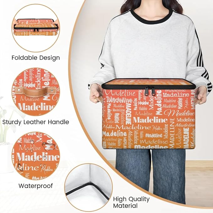 Custom Storage Basket with Name, Personalized Keepsake Box with Zipper Lid, Foldable Fabric Memory Bin Large capacity with Handle Orange
