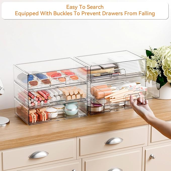 Yieach 12.1''W Clear Stackable Storage Drawers,2 Pack Acrylic Drawer Organizer for Hair Accessories,Makeup Organizers,Plastic Organizer Bins for Vanity,Bathroom,Cabinet,Desktop,Office Supply Organizer