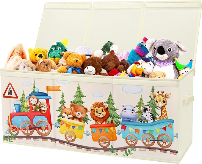 Large Toy Box Chest Organizer with Flip Lid for Kids, Collapsible Oxford Toy Storage Box with Handles for Boys Girls, Sturdy Waterproof Storage Organizer for Bedroom Playroom Nursery, 37.7×12.5×15.7''