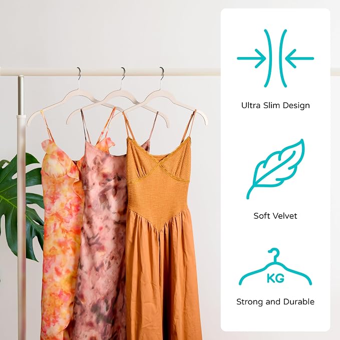 Sishynio Velvet Hangers 100 Pack, Slim Non Slip Clothes Hangers for Closet Organization, Flocked Felt Shirt Hangers with 360° Swivel Hooks, Space Saving Hangers for Dresses, Blouses, Pants(Beige)