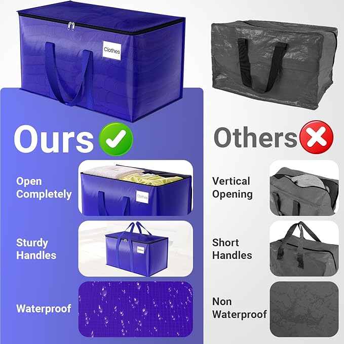 FabSpace 10Pack Moving Storage Bags, Moving Supplies Packing Boxes for Moving, Camping, College Dorm Room Essentials for Girls, Blue Tote Bags, 125L Heavy-Duty Storage Bins With Lids And Zippers