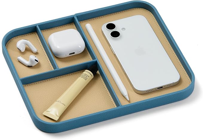 Nordik Leather Valet Tray - Nordik Blue - 9.5 x 7.9 Inch Medium Vegan Leather Tray - Stylish Nightstand Organizer for Men - Modern Bedside Caddy - EDC Catchall for Key Watch Wallet Jewellery