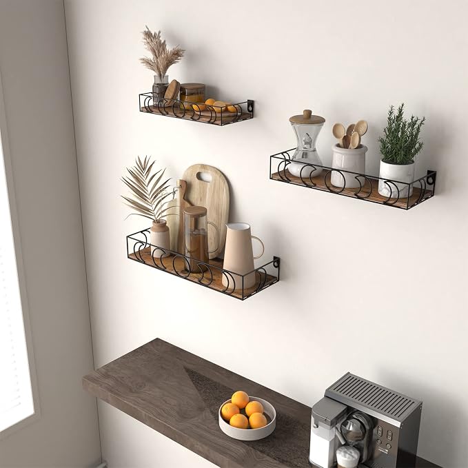 PHAREGE Moon Phase Floating Shelves Brown Black Set of 3 | Small Decorative Wall Shelves for Book Plant Storage, Crystal Figurine Collectibles Display Shelf for Bedroom Kid Room