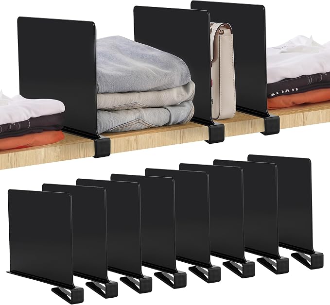 Matte Black Acrylic Shelf Dividers for Closets Organizer & Storage,8 Pack | Adjustable Vertical Wood Shelf Closet Separators, Keep Clean, for Clothes,Book,Bags, in Bedroom and Kitchen