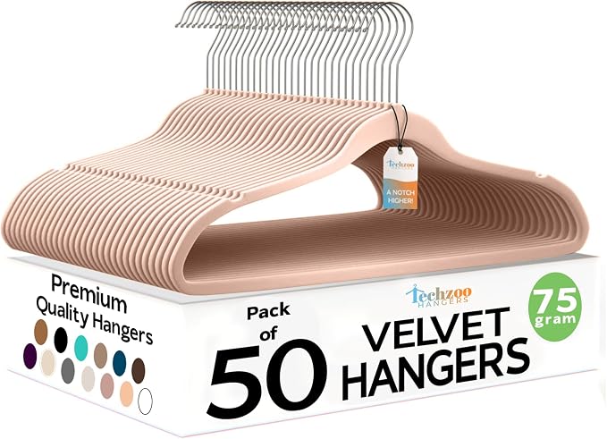 Techzoo 50 Pack New Premium Quality Velvet Hangers Ultra Thin Non Slip Adult Felt Space Saving Hangers for Closet Heavy Duty Coat Pants Jackets Dress Hangers 360° Swivel Hook Hold Upto 10lbs Rose Gold