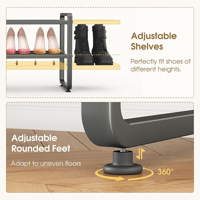 SAYZH 2-Tier Expandable Shoe Rack for Closet, Adjustable Metal Shoe Organizer with Sturdy Mesh Shelves for Boots & Heels, Stackable Shoe Storage for Entryway, Garage, Small Spaces (Grey, 2-Tier)