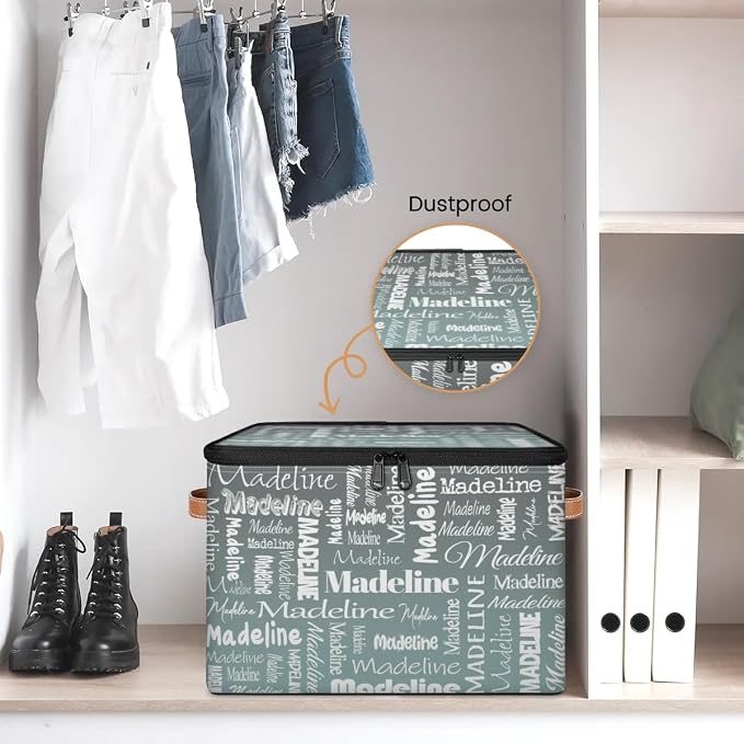 Custom Storage Basket with Name, Personalized Keepsake Box with Zipper Lid, Foldable Fabric Memory Bin Large capacity with Handle Gradient Grey Green