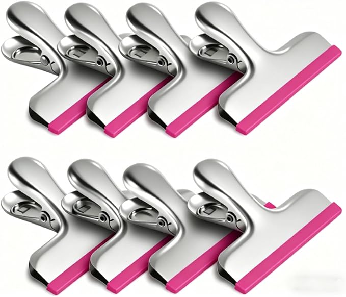 HOUSE AGAIN 8 Pack Stainless Steel Chip Bag Clips Covered with Silicone - NO More Sharp Edges - Color Coded for Food Bags - Air Tight Seal, Heavy Duty for Kitchen and Office, 3 Inches, Pink