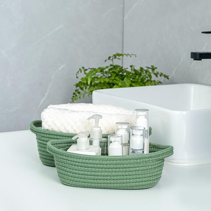 CubesLand Small Storage Basket Cotton Rope Organizer Baskets for Shelves | Set of 5 Decorative Closet Storage Bins with Handle for Countertop, Toilet Paper Basket for Toilet Tank Top, Green Basket