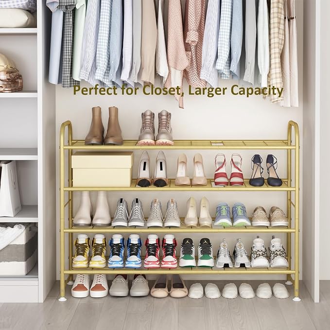 LINZINAR Shoe Rack 4 Tier Storage Organizer for Closet Entryway Metal Gold