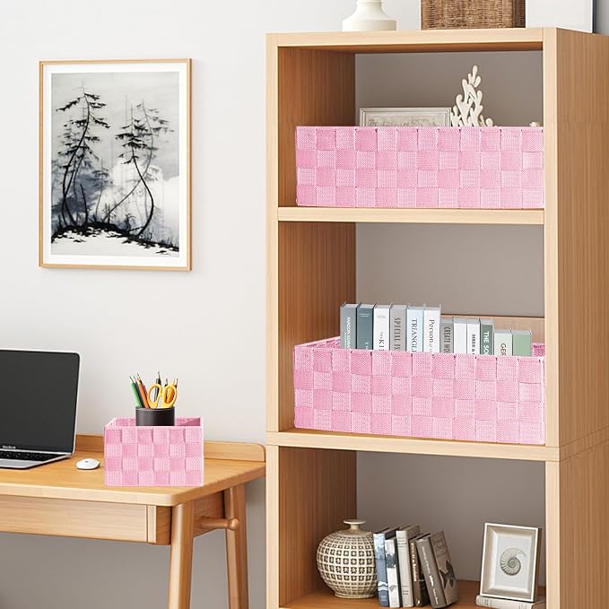 Drawer Organizer, Cube Baskets for Storage Shelves, Handmade Small Woven Basket, Shallow Storage Bins for Organizing Desk, Dresser, Kitchen, Pantry, Nested 7 Pack, Pink