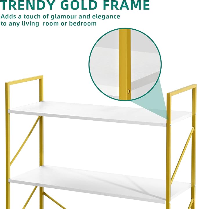 YITAHOME 5 Tiers Gold Bookshelf, Modern Wide Bookcase, Large Book Rack, Storage Rack Shelves in Bedroom/Living Room/Home/Office, Books Holder Organizer for Books, Gold