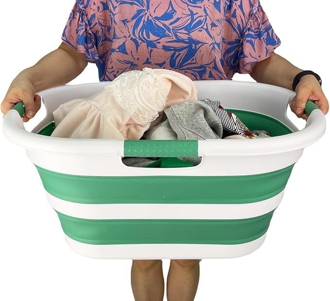 SAMMART 40L (10.5 gallon) Collapsible Plastic Laundry Hamper - Foldable Pop Up Storage Container/Organizer - Portable Washing Tub - Space Saving Basket (1, White/Winter Green)