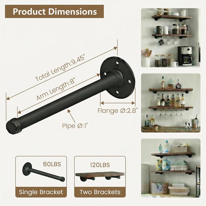 Industrial Pipe Shelf Brackets 10 Pack Wall Mount DIY Shelving Brackets 8 in Pipe Decor Wall Rustic Garment Rack Floating Shelf Bracket