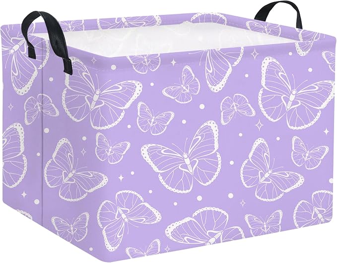 Rectangular Kids Storage Basket Baby Storage Basket with Handles for Home Kitchen Girls Cute Toy Storage Bin Organizer Shelf Book Room Decor(Purple Butterfly)