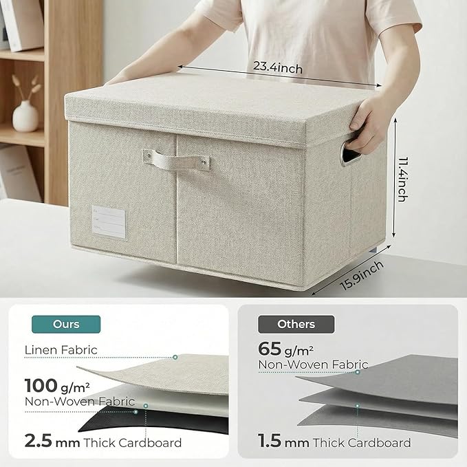 PRANDOM Storage Bins with Lids [3-Pack] Linen Fabric Foldable Storage Boxes Organizer Containers Baskets Cube with Cover for Bedroom Closet Office Beige (23.4X15.9X11.4)