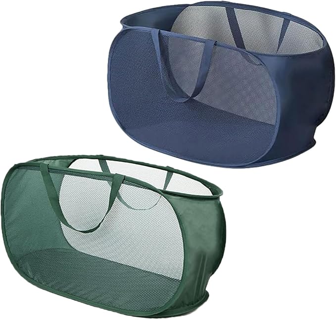 2 Piece Popup Mesh Laundry Basket Durable Handles Collapsible Laundry Baskets Folding Clothes Pastic Hamper for Laundry Room College Dorm (Navy Blue/Green)
