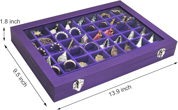 Siveit Jewelry Tray Organizer Box 48 Grid Jewelry Display Organizer Box with Transparent Lid Rings Earrings Necklaces Pendants Display Box Suitable for Women and Girls (48 Grid, Purple)