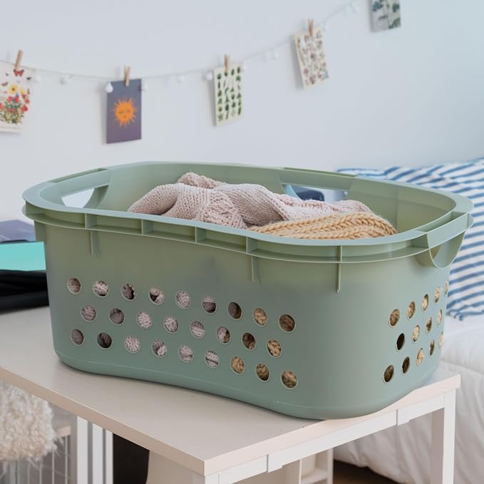 IRIS USA 51L Plastic Hip Hold Laundry Basket with Built-In Comfort Carry Handles 4-Pack, 1.5 Bushel, Clothes Hamper, Laundry Hamper, Ventilation Holes, for Closet Dorm Laundry Room Bedroom, Sage Green
