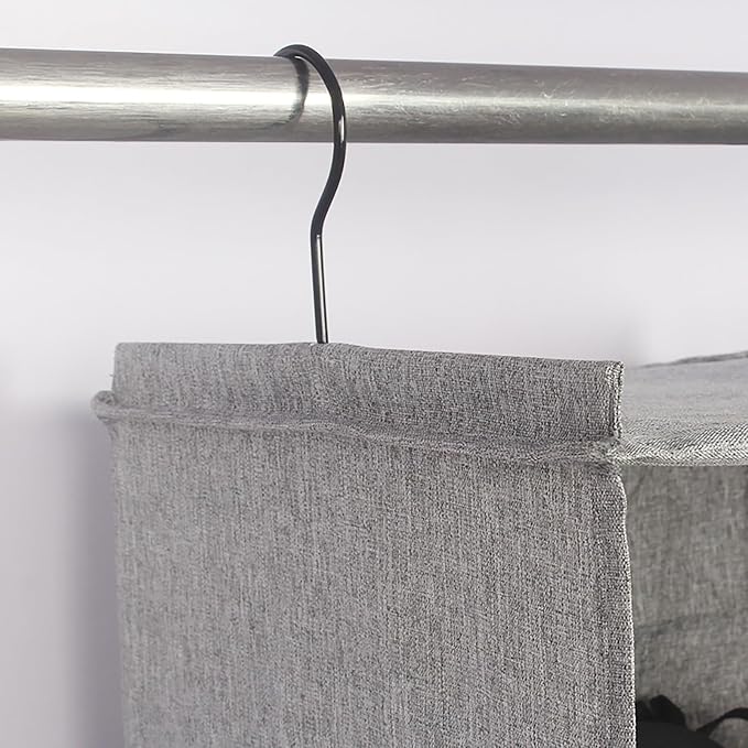 Hanging Closet Organizer 3-Shelf, Oxford Linen Wardrobe Storage, Gray | Easy-mount foldable design holds clothes, handbags, shoes & accessories; washable Oxford fabric, sturdy and space-saving.